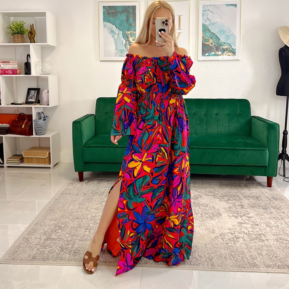 🆕#168-SUGARLIPS DRESS, Rainbow Tropics Off the Shoulder Bell Sleeve Midi Size M - Picture 3 of 13